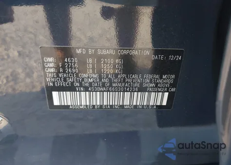 2025 Subaru Legacy Premium z USA, uszkodzony, nr VIN 4S3BWAF66S3014236